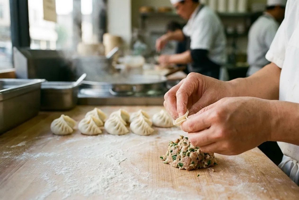 Two hands pleating a dumpling wrapper over a mound of filling, a dusting of flour on the board and a row of finished dumplings behind