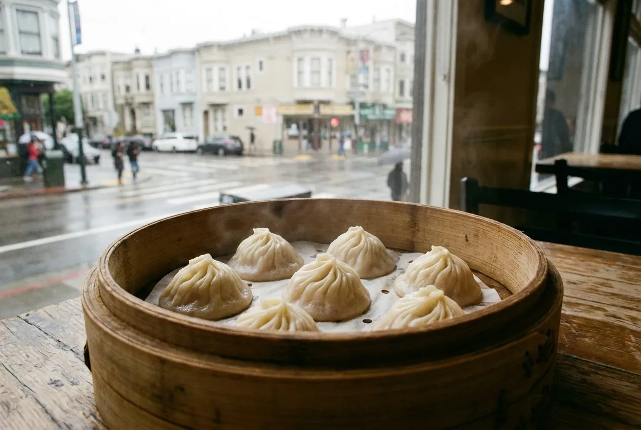 Pleated soup dumplings sitting on paper in a bamboo steamer, the tops gathered into tight spirals and the skins faintly translucent