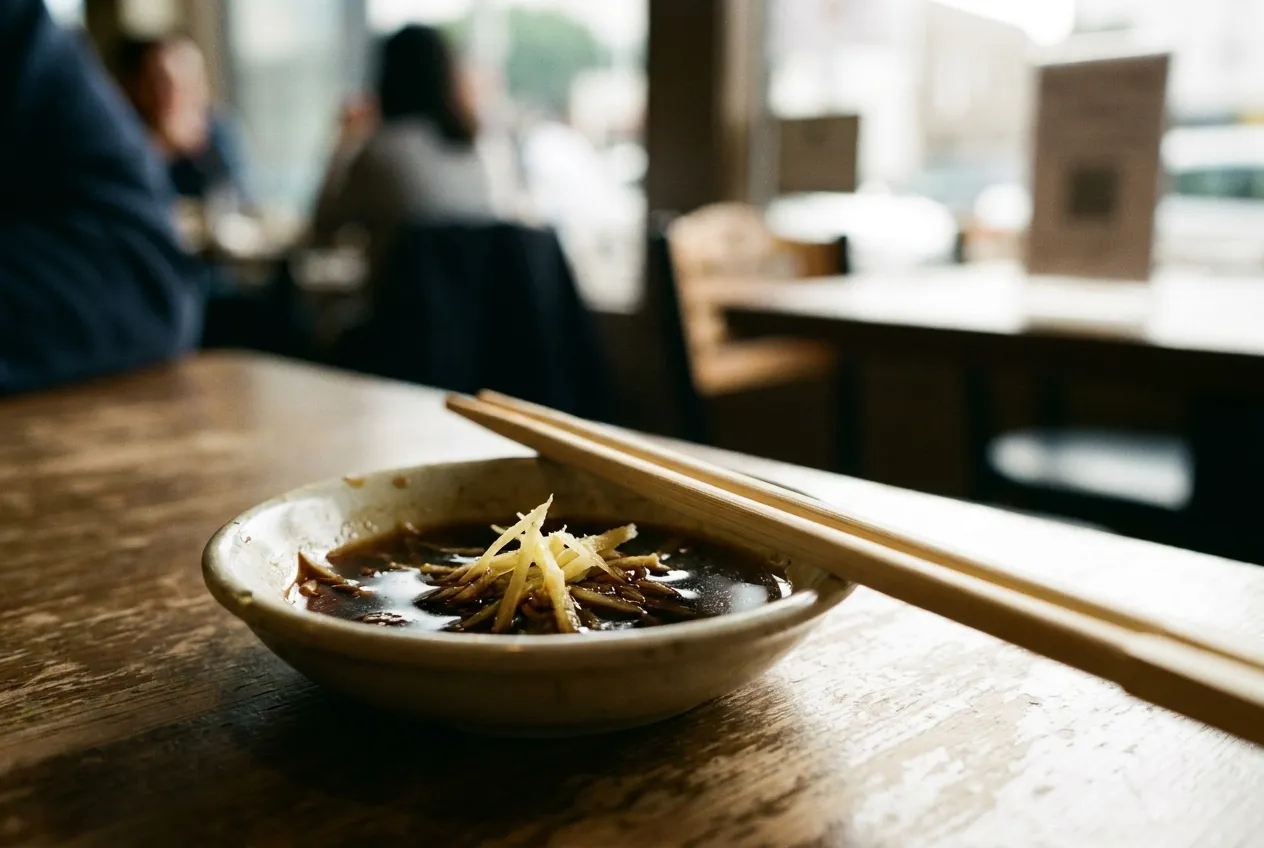 A small dish of dark vinegar with fine shreds of ginger, chopsticks resting across the rim