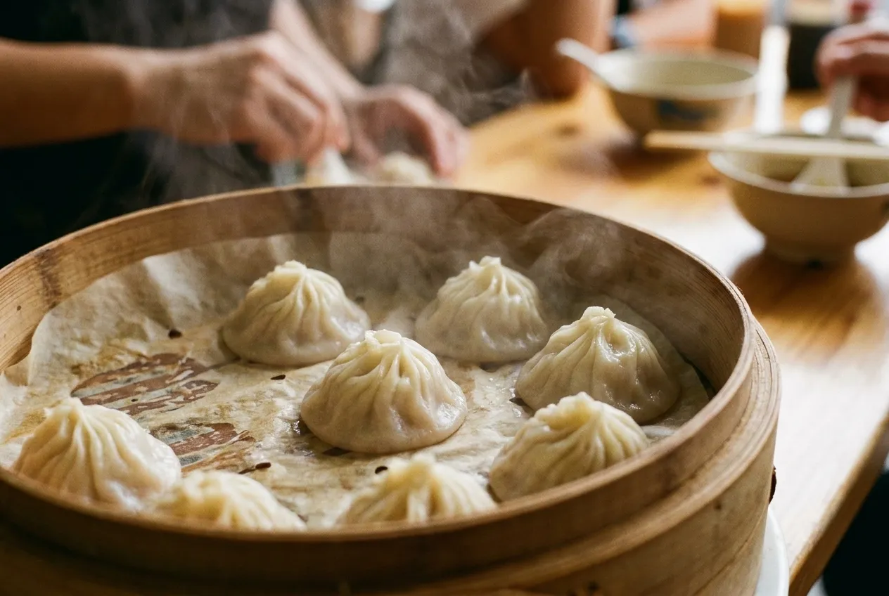 Pale pleated dumplings sitting in a bamboo basket lined with paper, steam still clinging to their tops