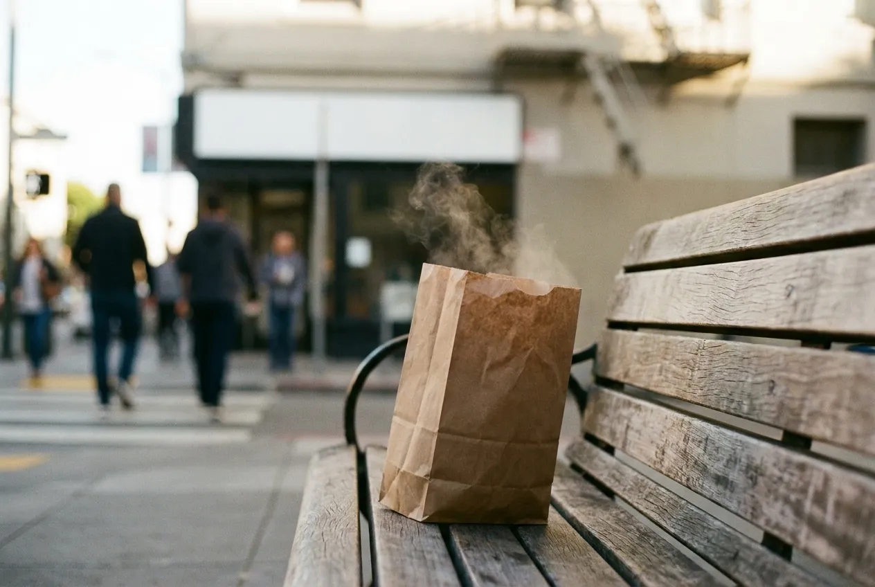 A folded brown paper bag held open at the top with steam escaping, a park bench edge visible behind
