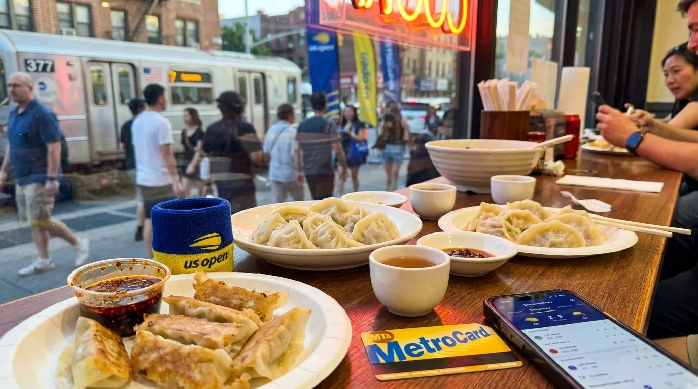 Photorealistic New York scene for Best Dumpling Stops After a Late US Open Session.