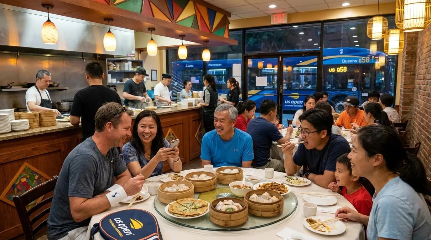Bright editorial scene supporting Best Dumpling Stops After a Late US Open Session.