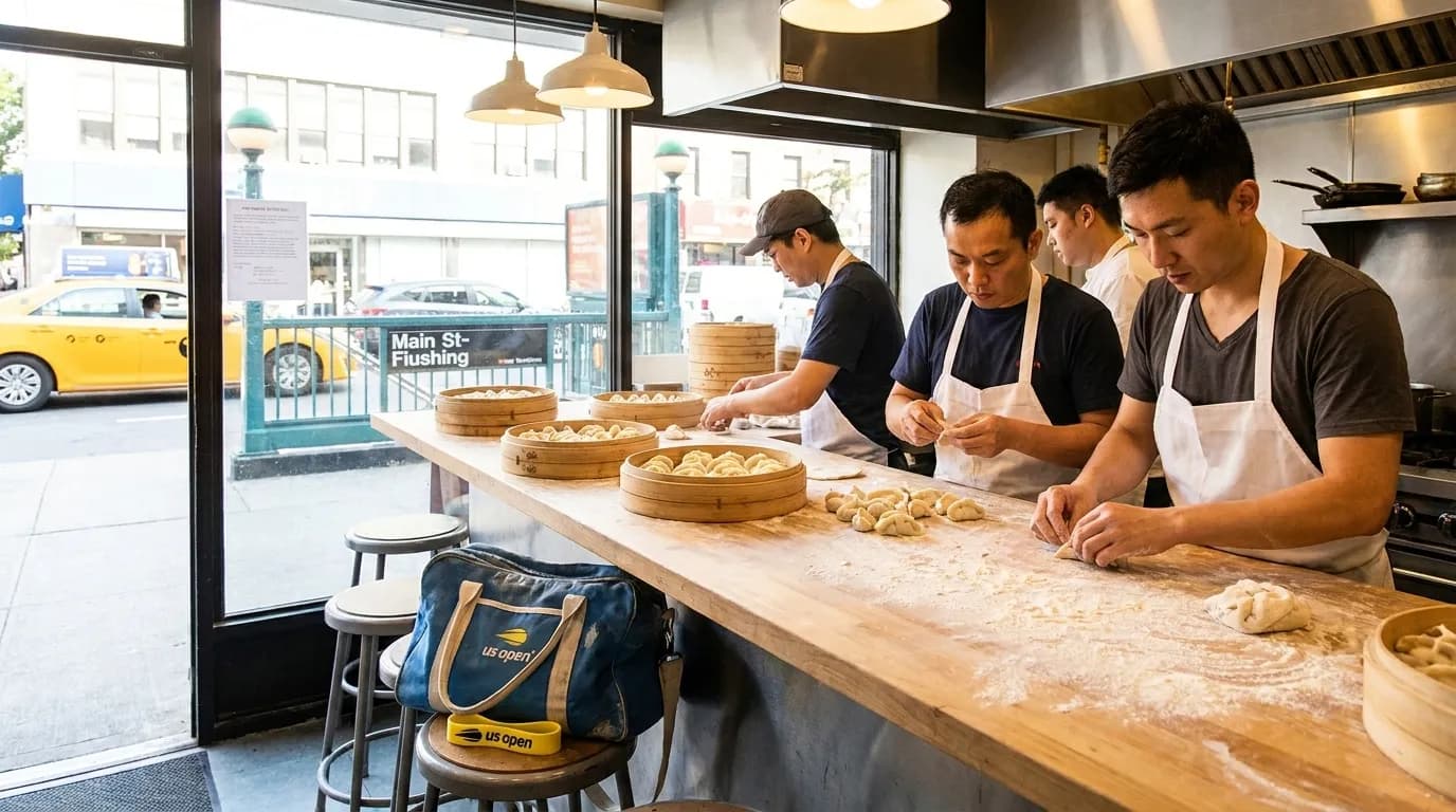 Bright editorial scene supporting Best Dumpling Stops After a Late US Open Session.