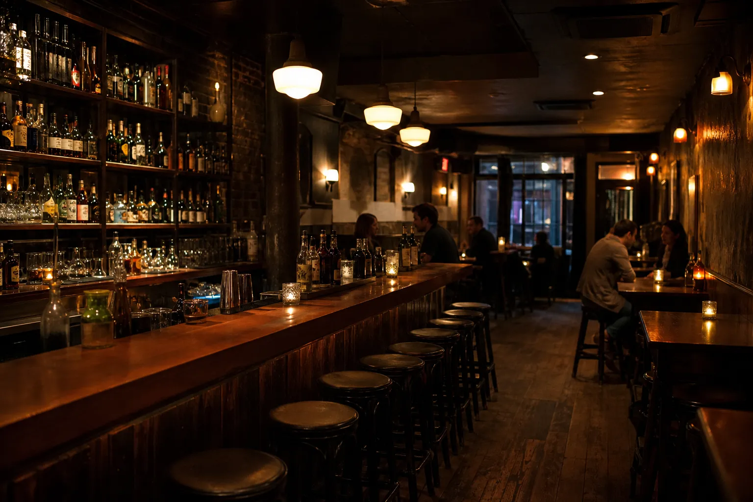 Small East Village bar interior with a long counter and stools