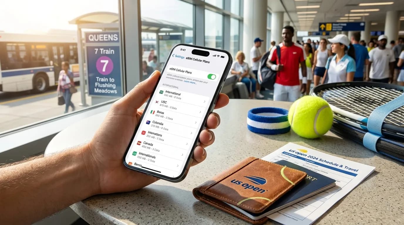 Photorealistic New York scene for Best eSIM Choices for International US Open Travelers.