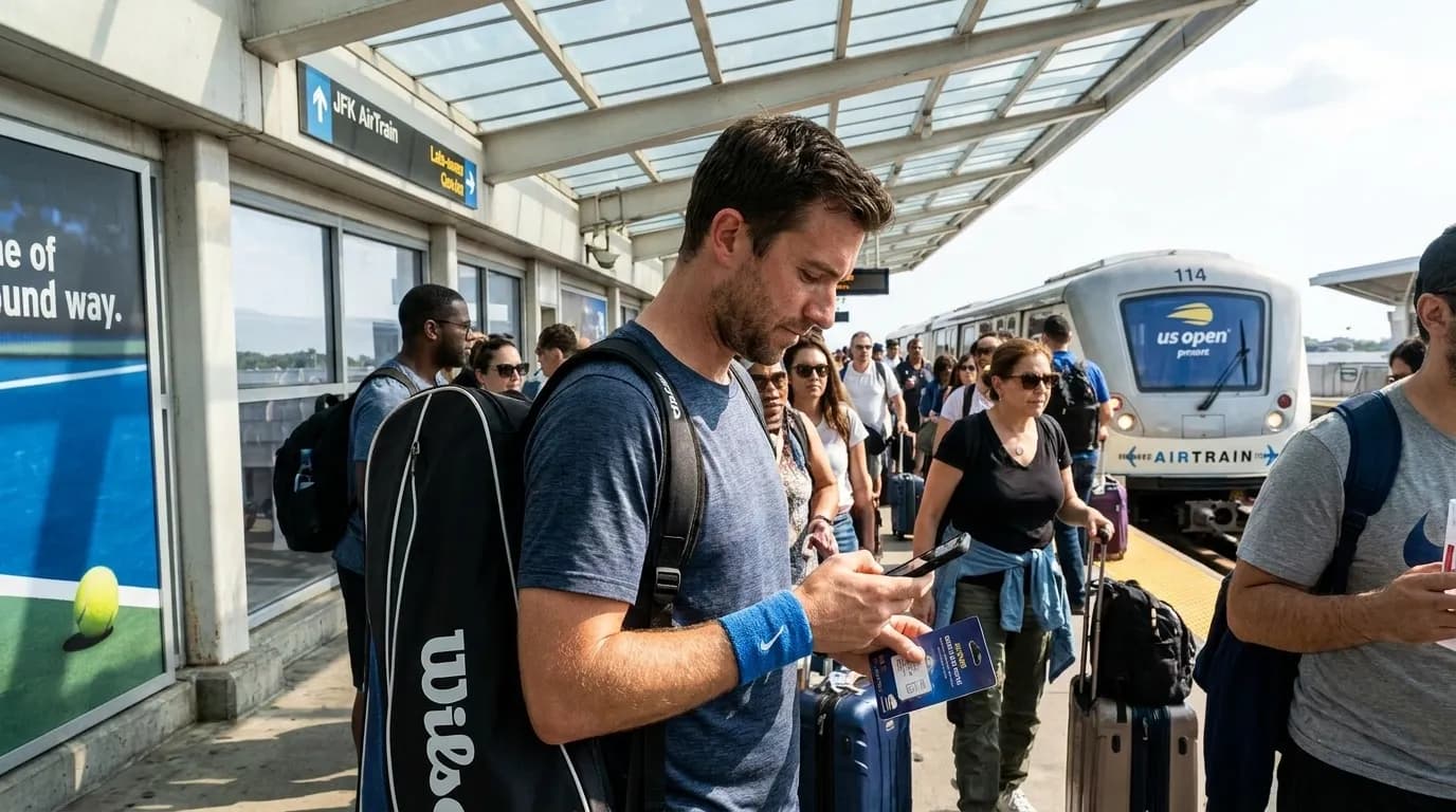 Bright editorial scene supporting Best eSIM Choices for International US Open Travelers.
