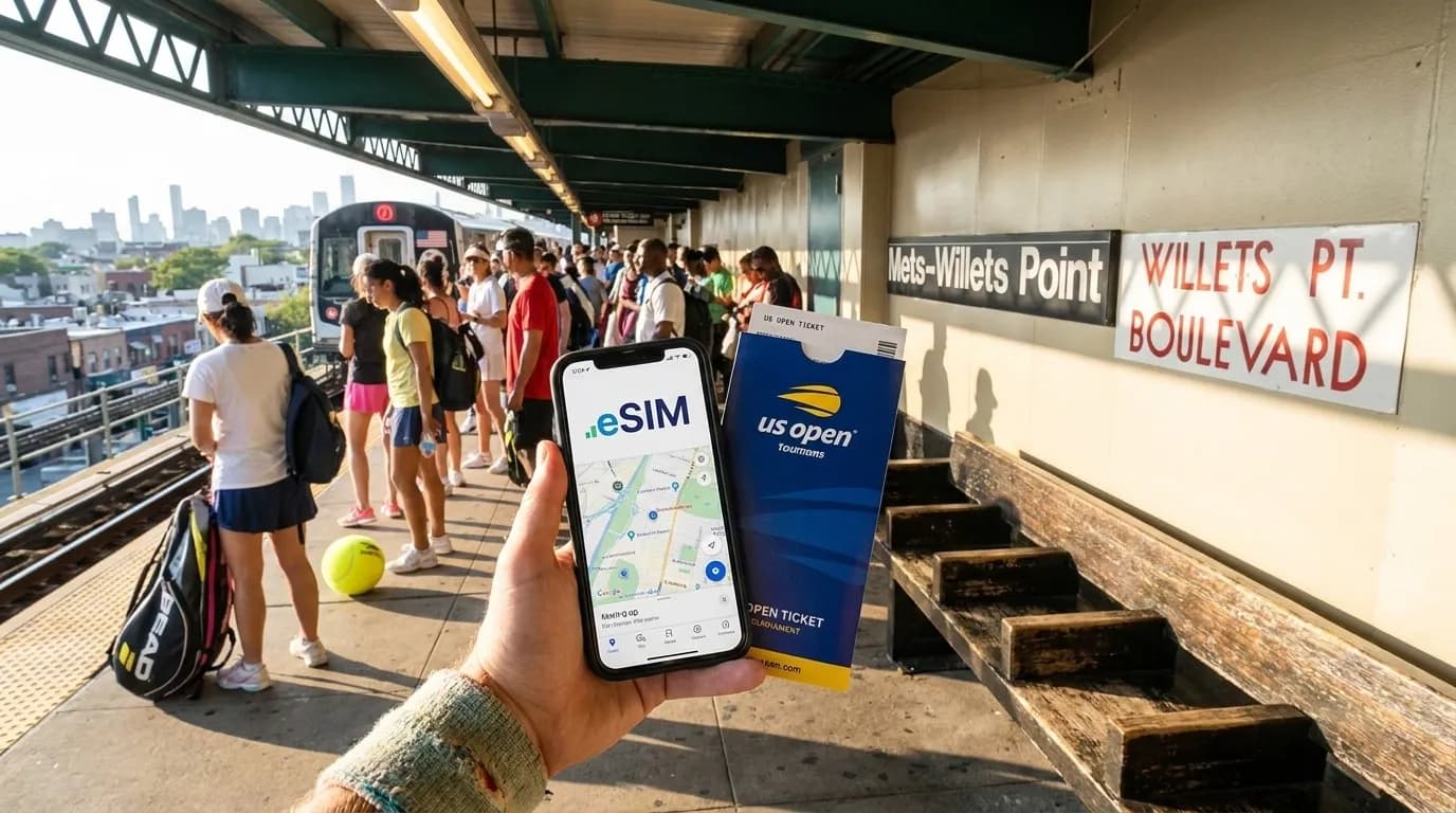 Bright editorial scene supporting Best eSIM Choices for International US Open Travelers.