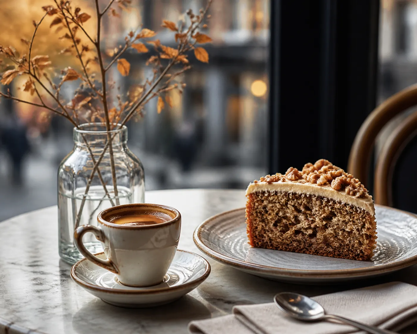 An espresso and a slice of cake on a small cafe table by a window.