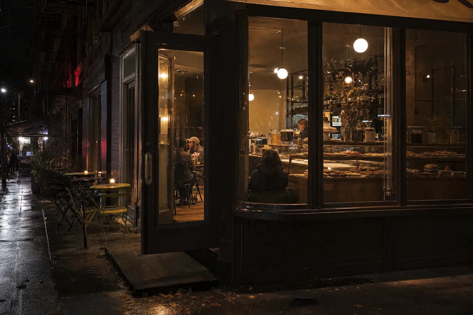 A small dessert cafe exterior glowing on a Lower East Side night street.