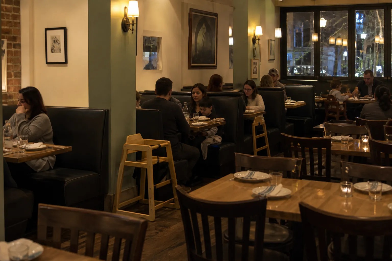 Bright neighborhood dining room with booth seating, a high chair, and simple family meal plates