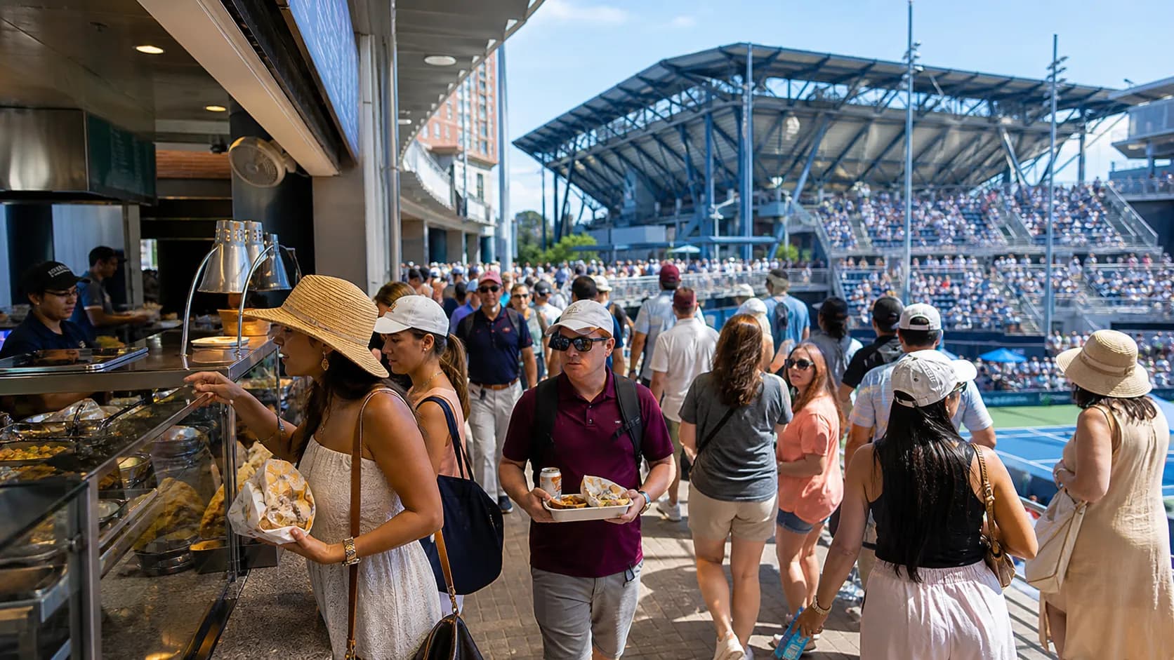 Photorealistic US Open tennis scene for Best Food at the US Open Beyond Stadium Classics.