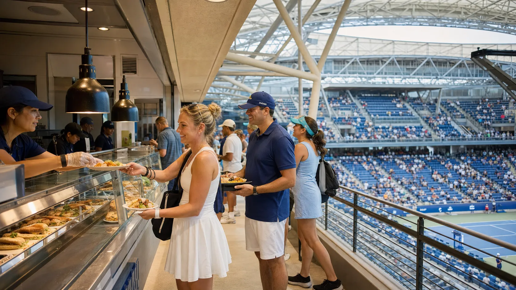 Photorealistic tennis scene illustrating Best Food at the US Open Beyond Stadium Classics.