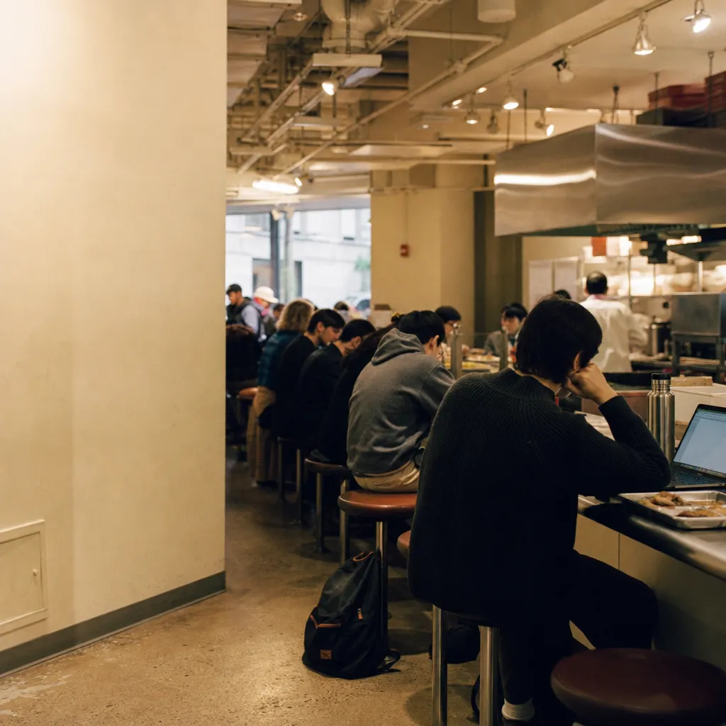 A busy student lunch counter with trays, laptops, and backpacks