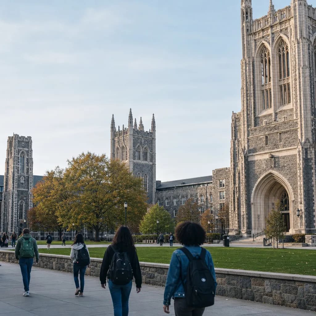 Students crossing a Gothic-style uptown campus quad in early fall