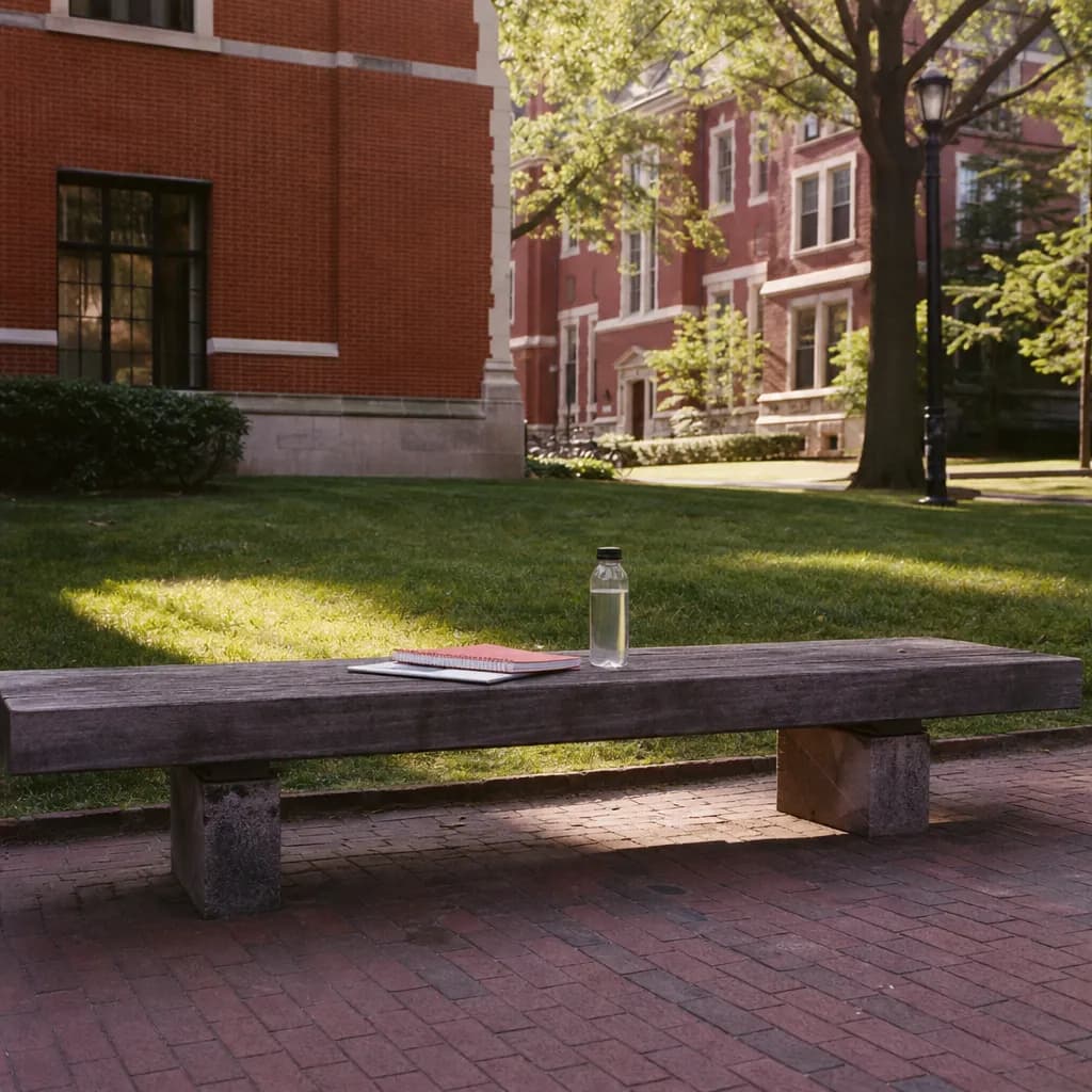 A quiet Brooklyn campus lawn with benches, brick, and notebooks