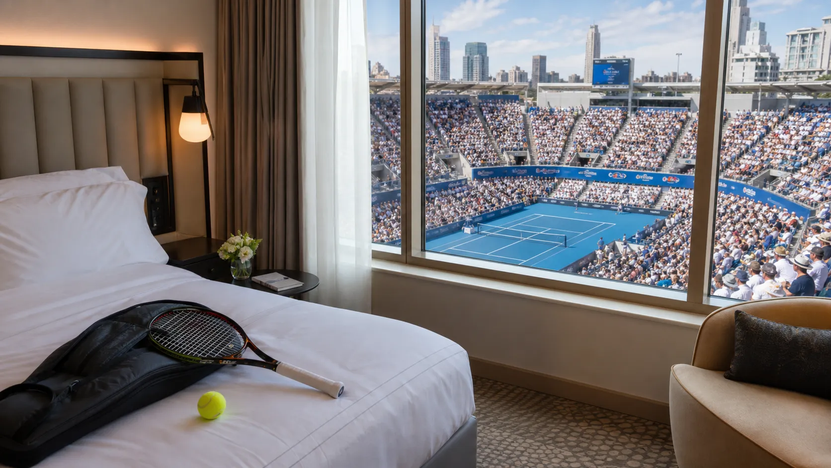 Photorealistic US Open tennis scene for Best Hotels Near the US Open for Easy Subway Access.