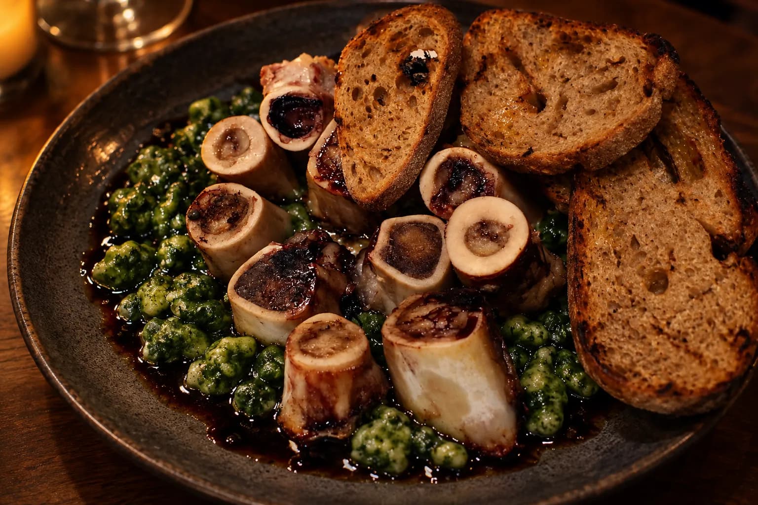 Split roasted bone marrow bones set over tiny green spinach dumplings with glossy dark balsamic pooled around and grilled bread at the plate edge