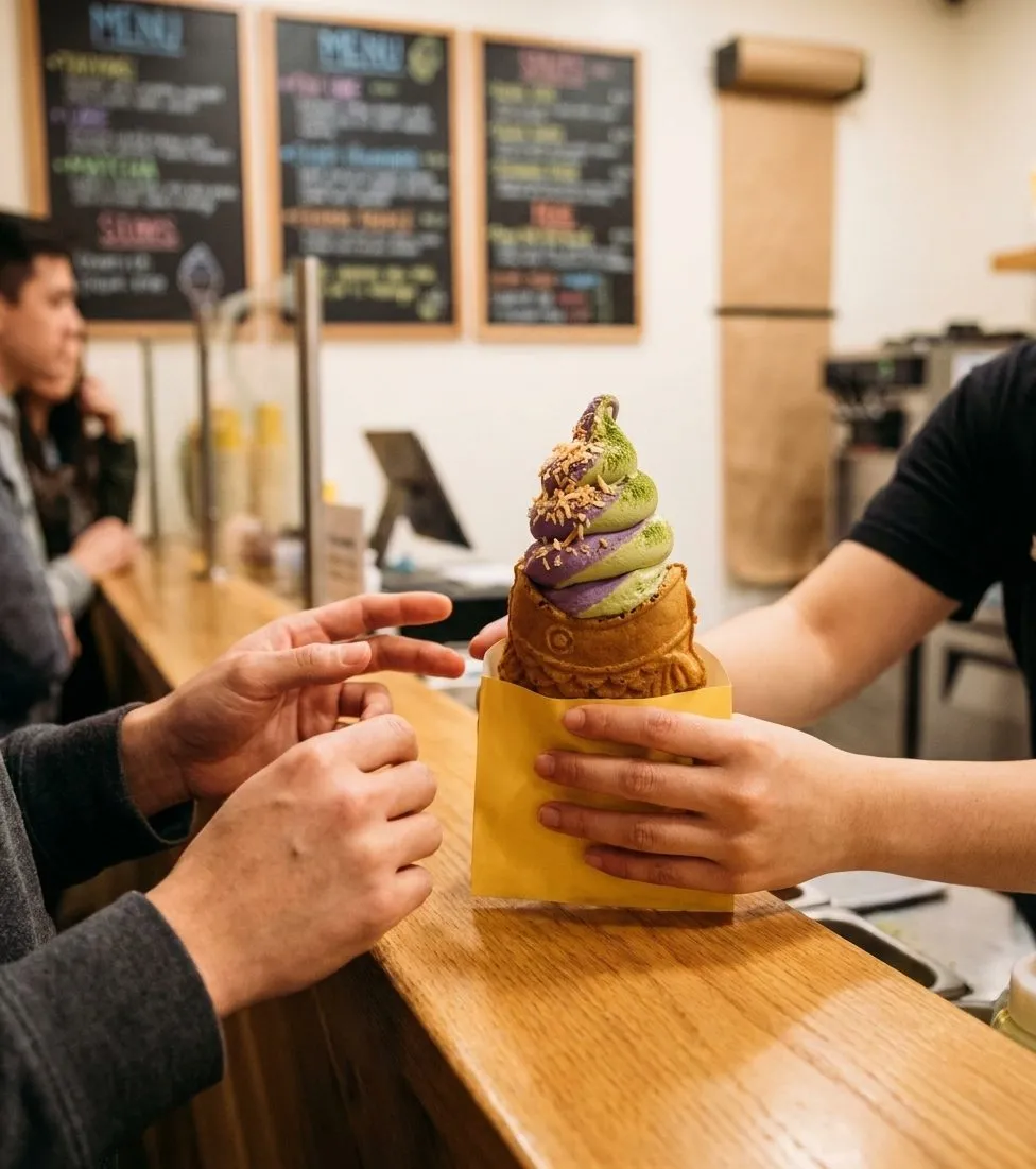Customer ordering taiyaki soft serve at a Los Angeles dessert counter