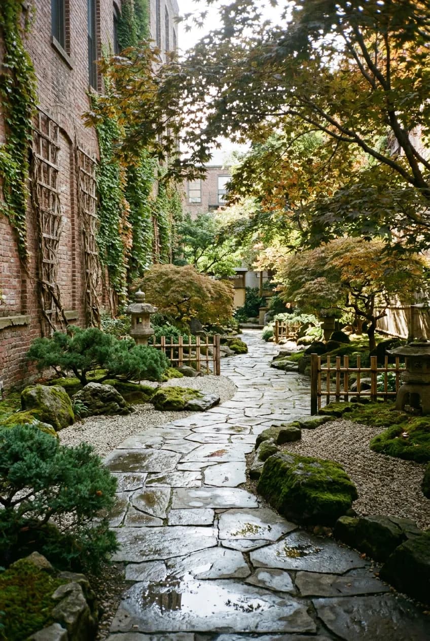 Japanese-inspired garden path in Brooklyn