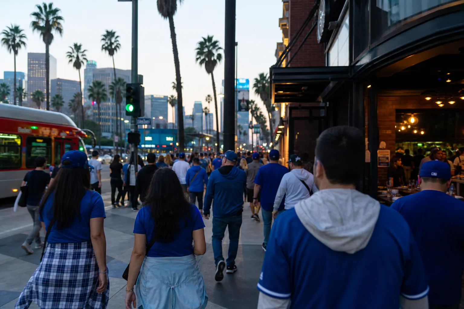 Fans walking through a Los Angeles neighborhood toward a Dodgers watch bar near transit