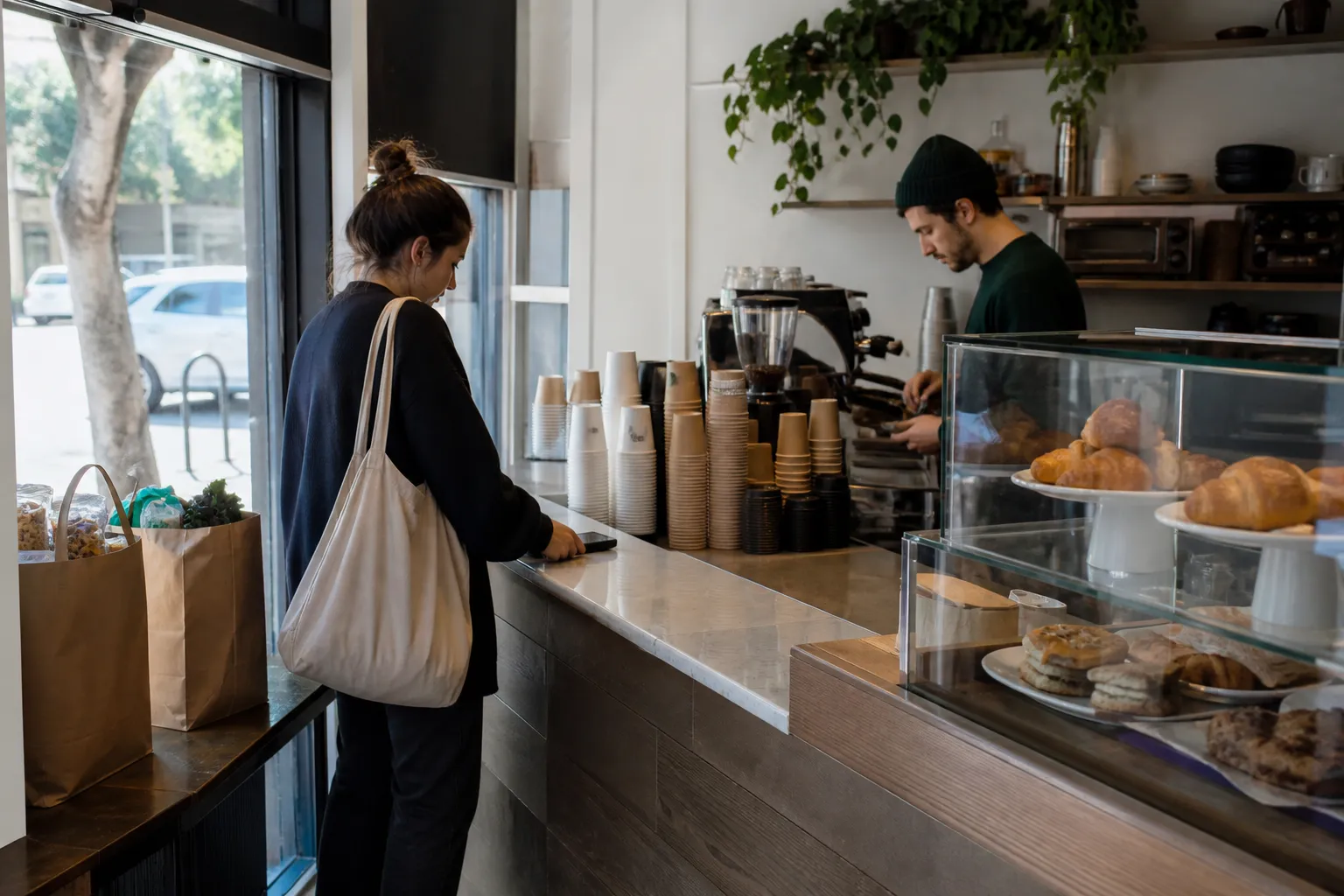 Small cafe counter with coffee and takeaway groceries in Los Angeles