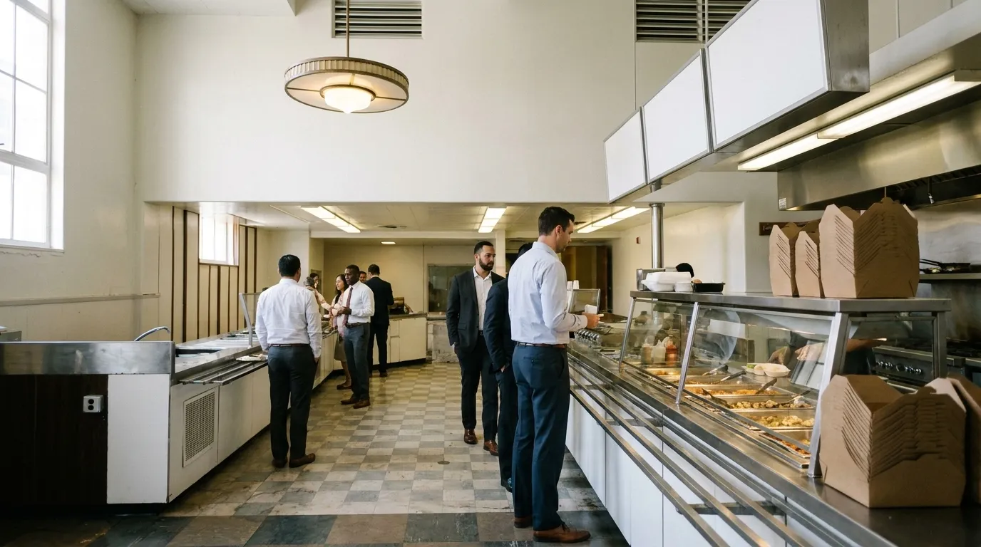 A downtown Los Angeles lunch counter at midday, a queue of office workers at a service window and stacked takeaway containers under bright overhead light
