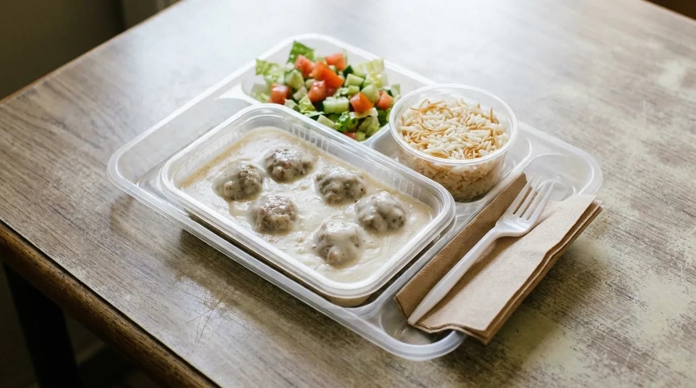 A close overhead view of a takeaway lunch tray on a laminate table, a portion of rice and stewed meat beside salad and a plastic fork, with a paper napkin tucked under the edge
