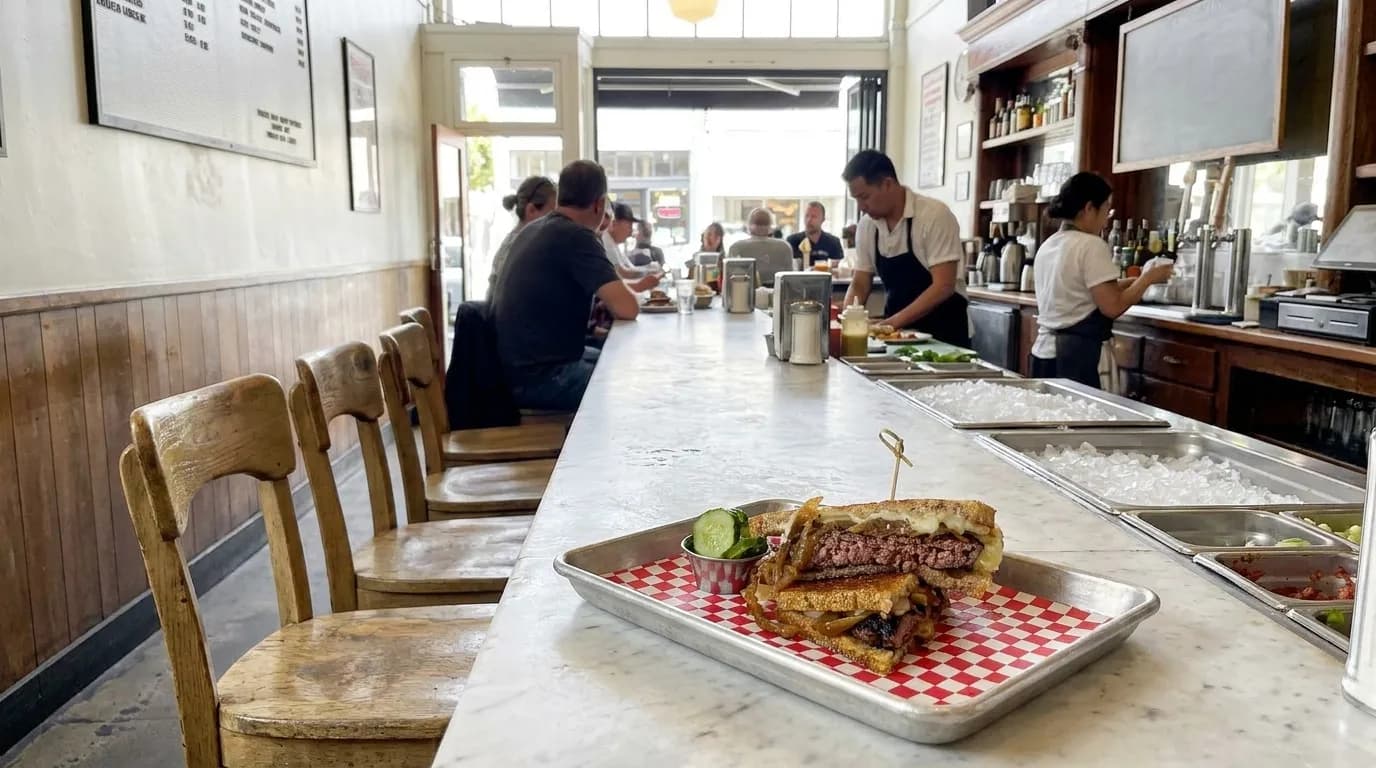A narrow San Francisco lunch counter seen along its length, a row of worn stools at a marble top, staff working behind and daylight from the open shopfront