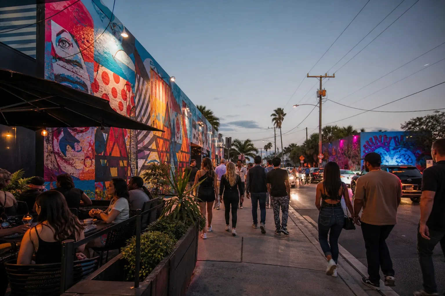 Wynwood evening sidewalk with murals, patios, and people walking between bars