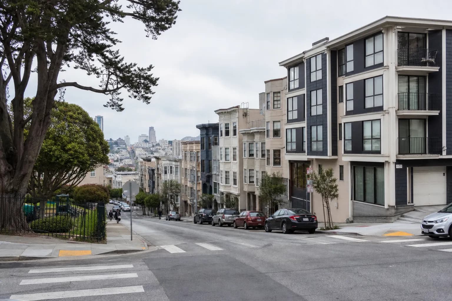 Wide San Francisco neighborhood street with transit access and everyday city life