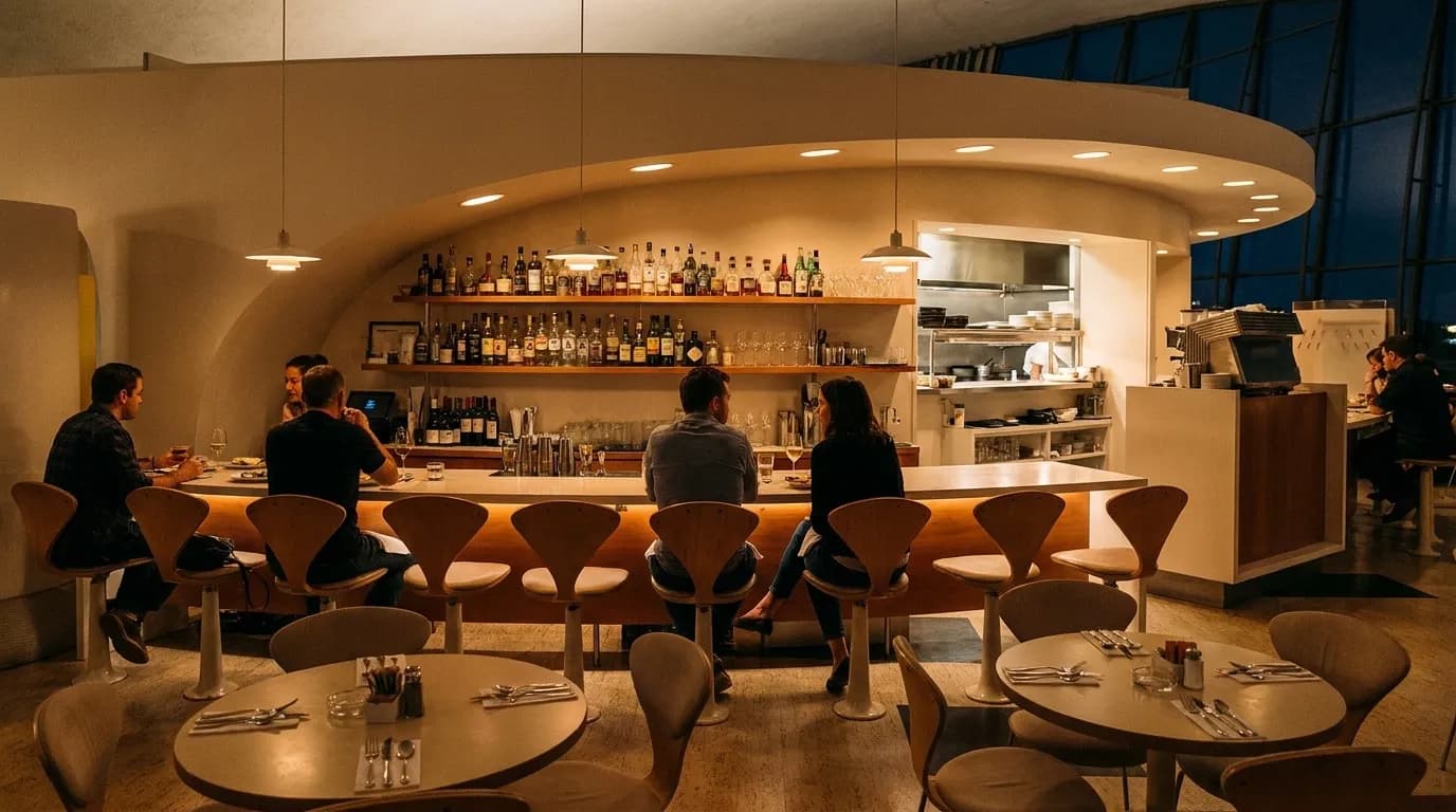 A narrow San Francisco restaurant bar in the evening, a row of stools along a counter facing bottles and a small open kitchen, two seats still empty at the end