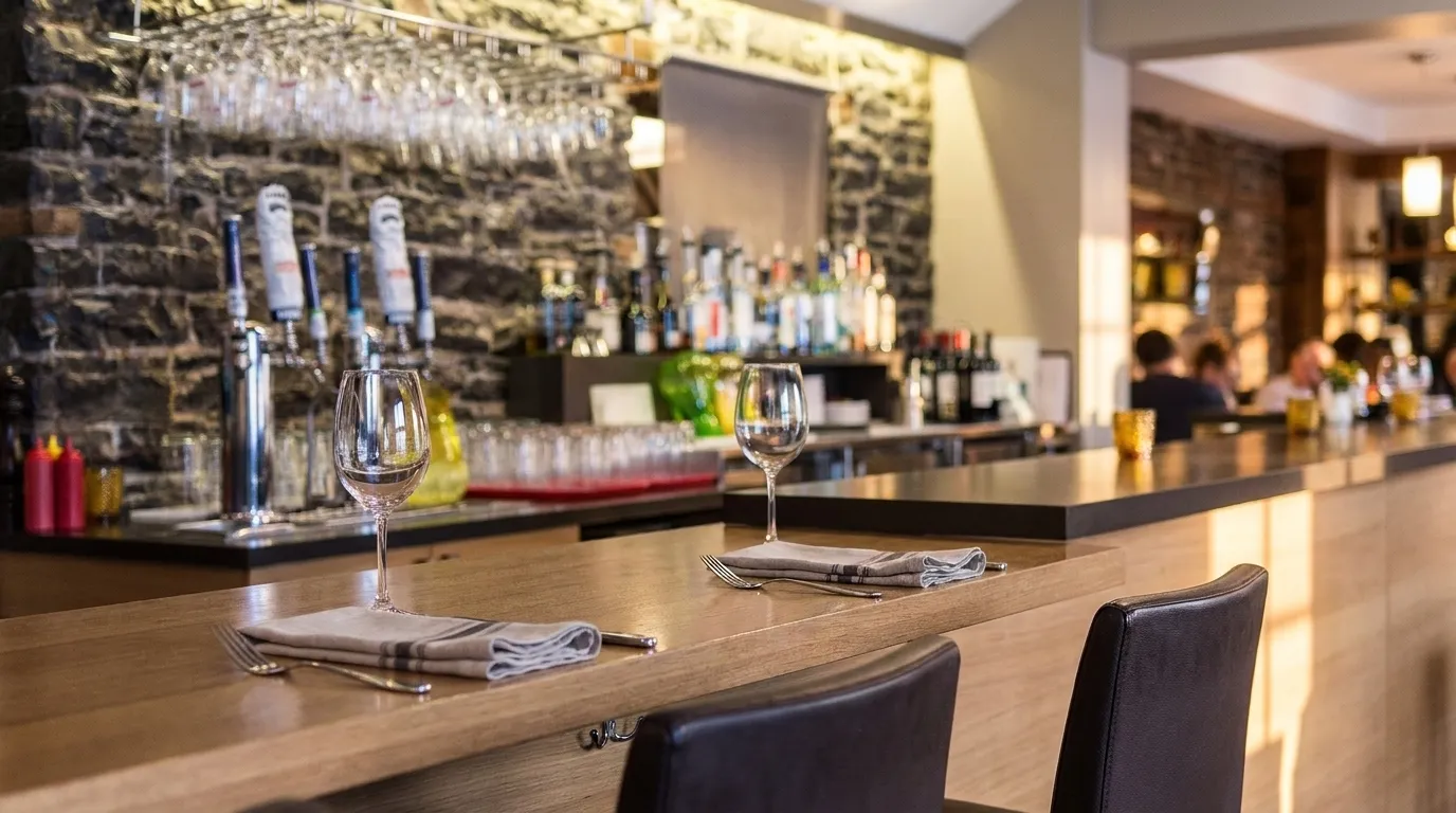 A close view of two empty bar stools at the end of a restaurant counter, folded napkins and glassware set at each place with the warm blur of a full dining room behind