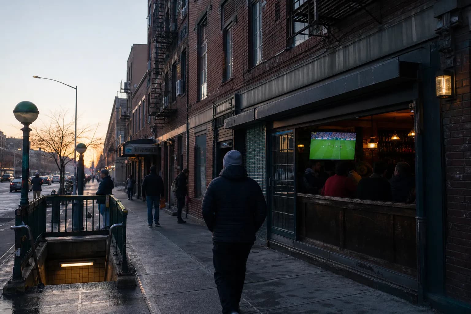 A New York neighborhood bar exterior at sunrise near a subway entrance