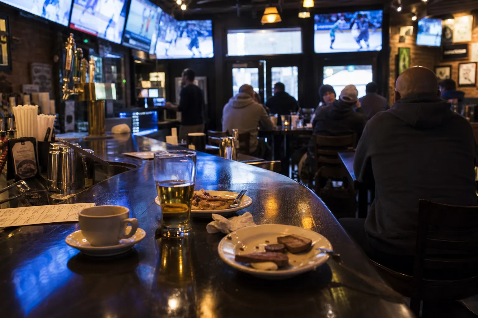 Early morning bar counter with coffee and a pint during a soccer broadcast