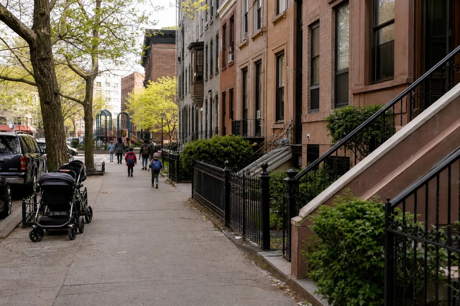 Tree-lined NYC residential block with brownstones, strollers, and a nearby playground
