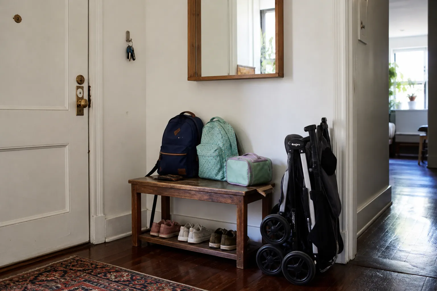 Classic NYC apartment and rowhouse streetscape with school-zone neighborhood feel