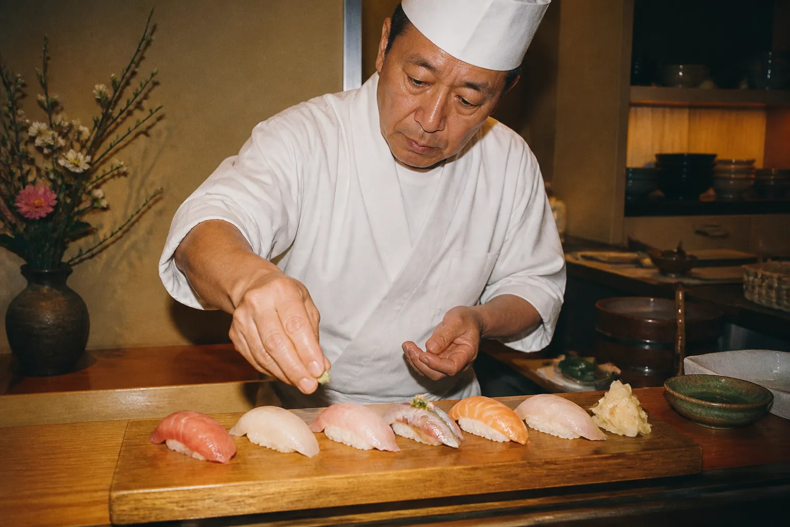 A sushi chef's counter with fresh nigiri plated on a wooden board