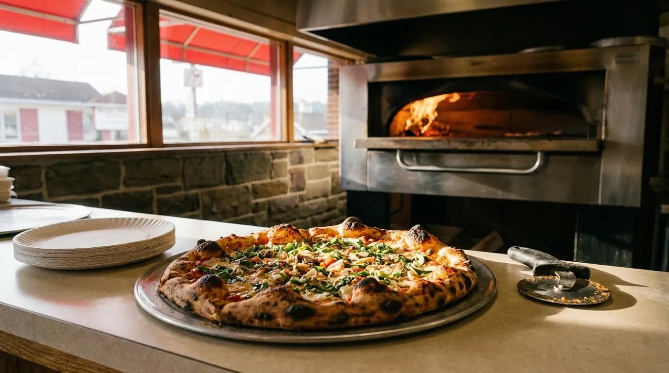 A thin-crust pizza on a metal tray on a counter in a small Los Angeles pizzeria, blistered crust edge and a stack of paper plates beside it