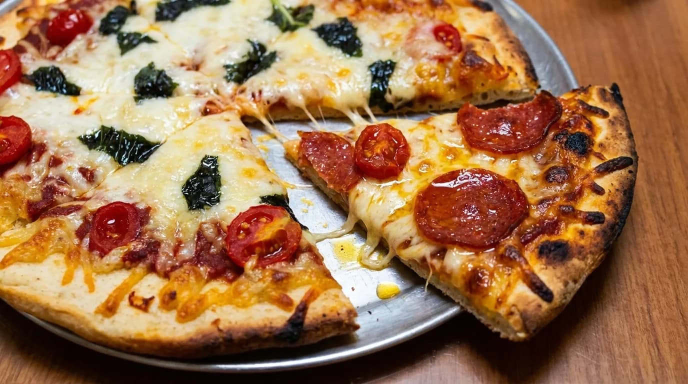 A close overhead view of a thin-crust pizza cut into slices on a metal tray, blistered charred edges and pools of oil on the pepperoni, a paper plate and a shaker at the edge of frame
