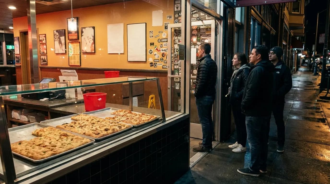 A San Francisco pizza counter at night seen from the street, square focaccia-style slices behind glass, a bright interior sign and a small queue on the pavement outside