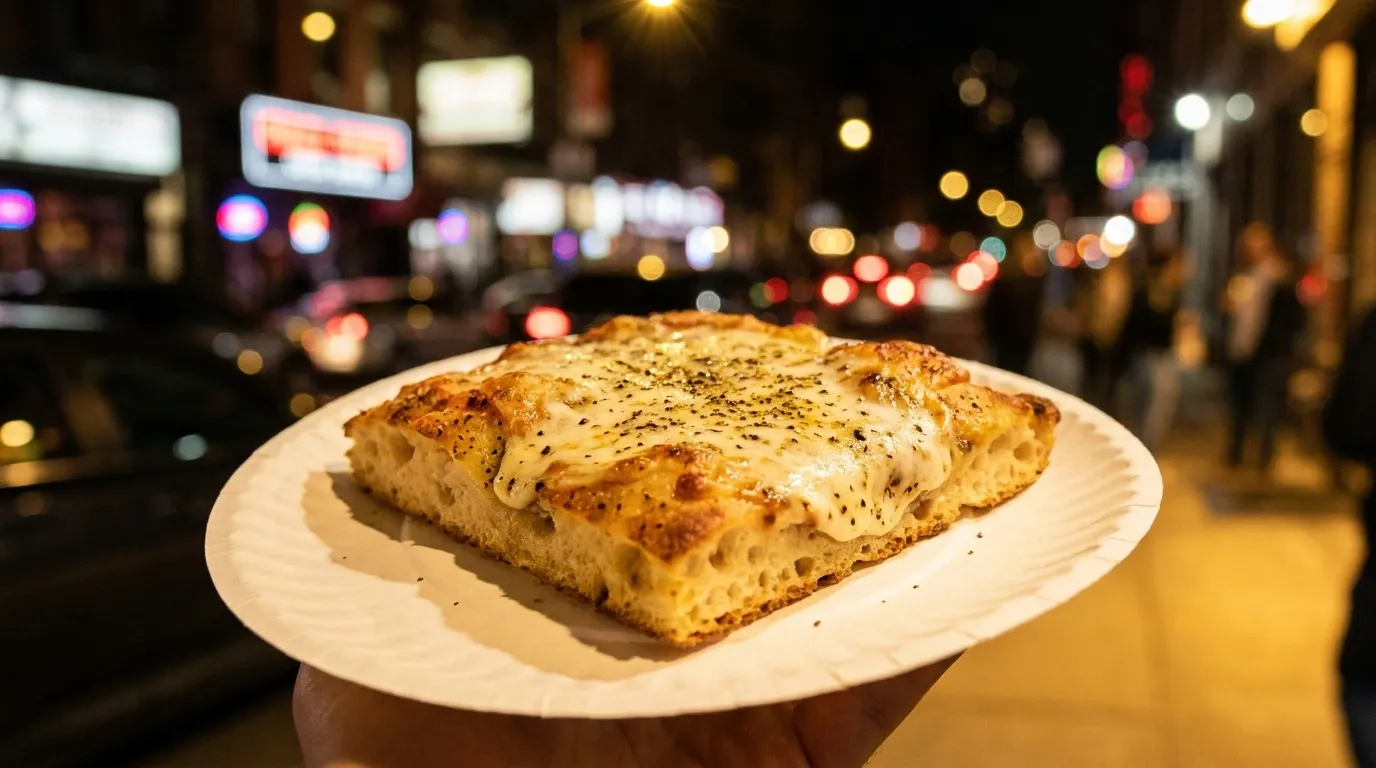 A thick square slice of focaccia-style pizza held on a paper plate under streetlight, crisp golden base and bubbling cheese visible at the edge, the blurred lights of a bar street behind
