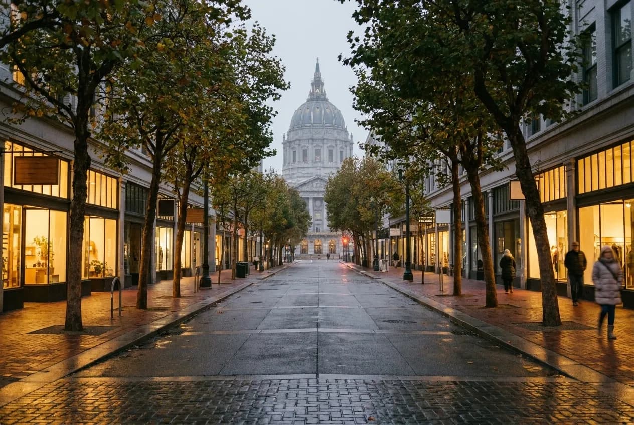 A flat low-rise shopping street at dusk with wide pavements and street trees, warm light from ground-floor windows and a civic dome visible at the end