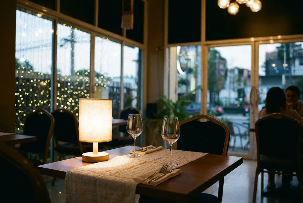 A small table laid for two with glasses and folded napkins, a low lamp throwing warm light across the cloth