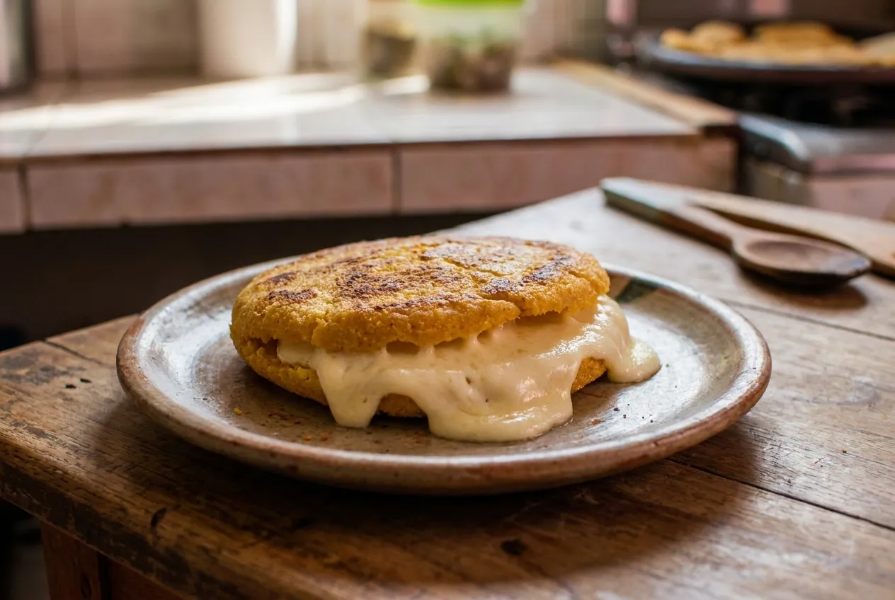 A split corn arepa on a plate with melted white cheese spilling from the middle, photographed close under warm light
