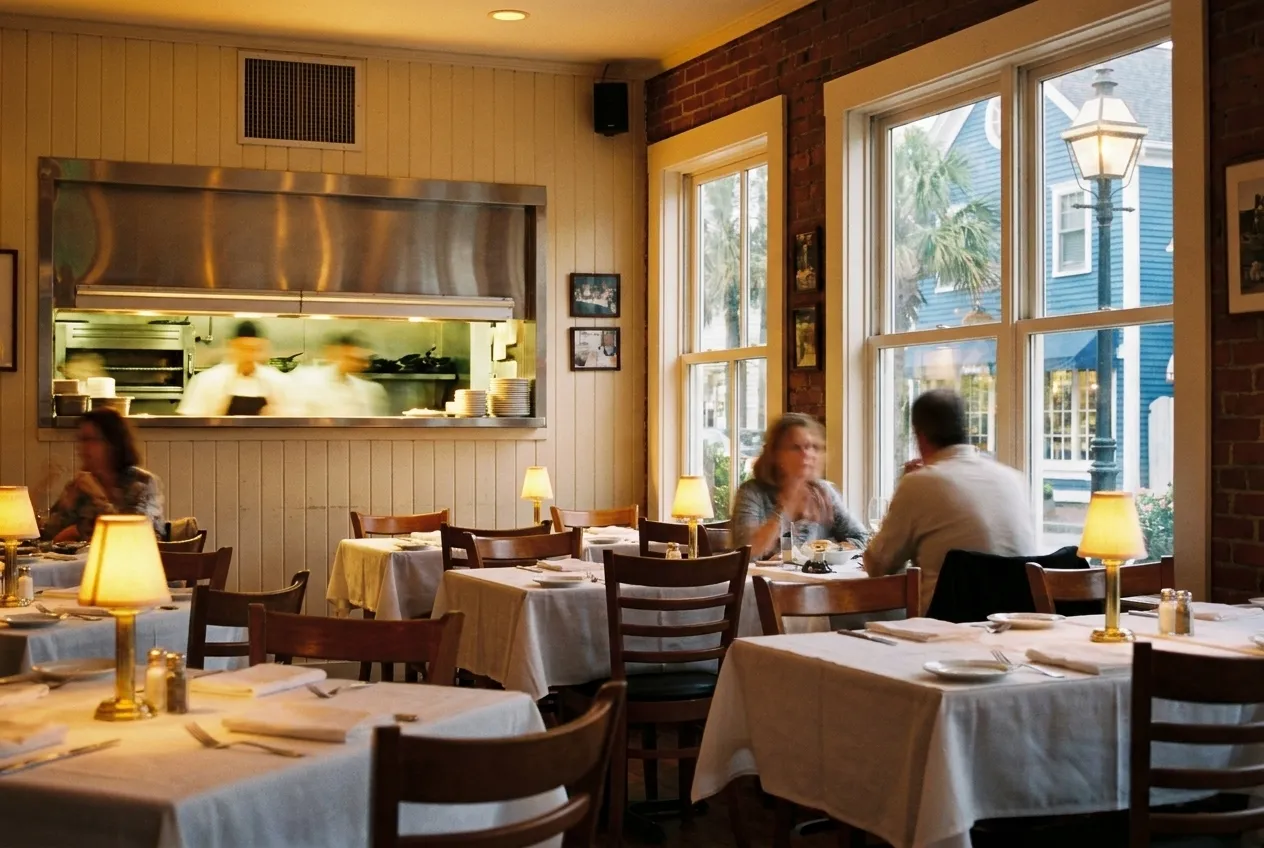 A small dining room lit by low warm lamps, closely spaced tables laid with white cloth and a service pass visible at the far end