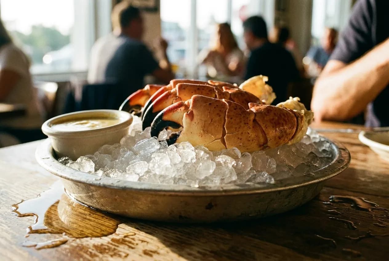 Cracked crab claws arranged on crushed ice on a metal platter, a small dish of pale sauce beside them