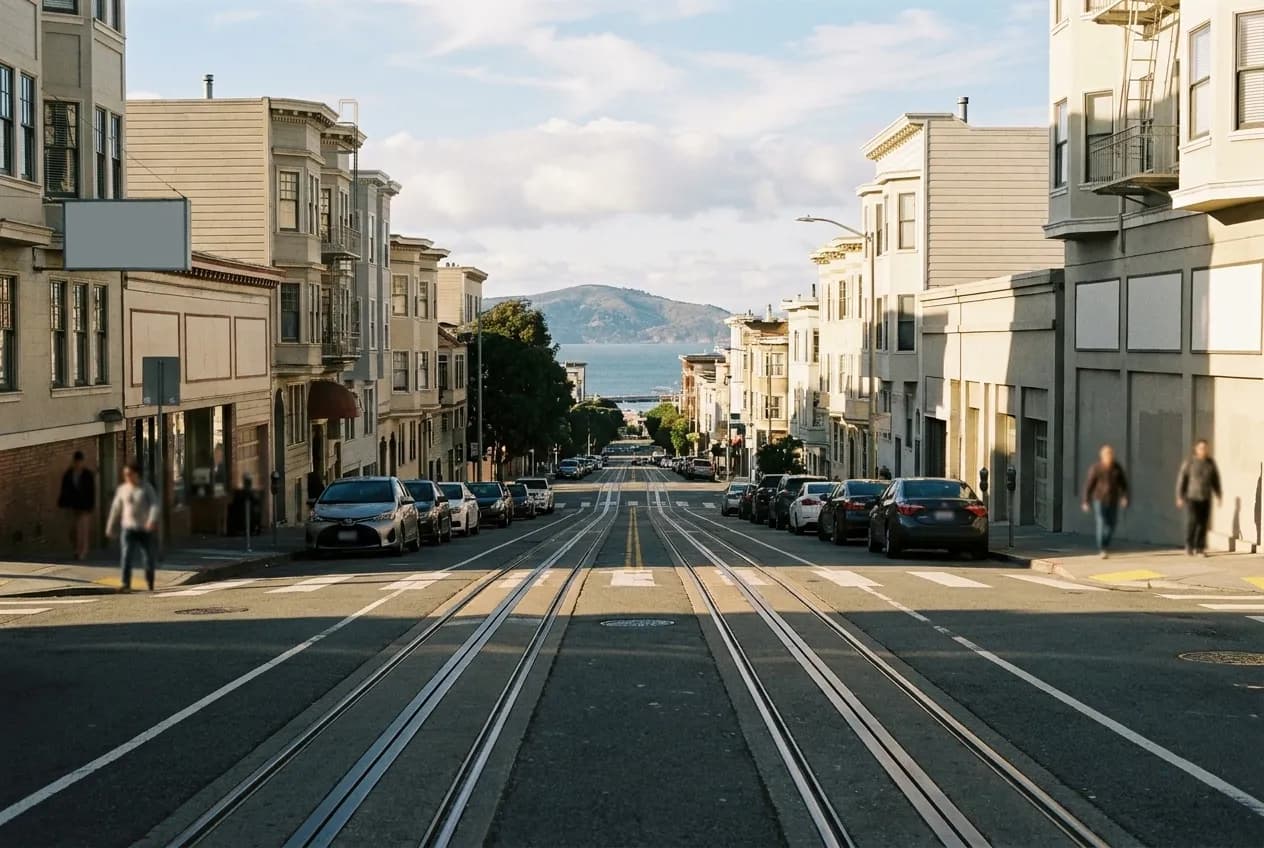 A steep San Francisco street with rails set into the roadway climbing toward a crest, low buildings on both sides and a slice of bay visible beyond