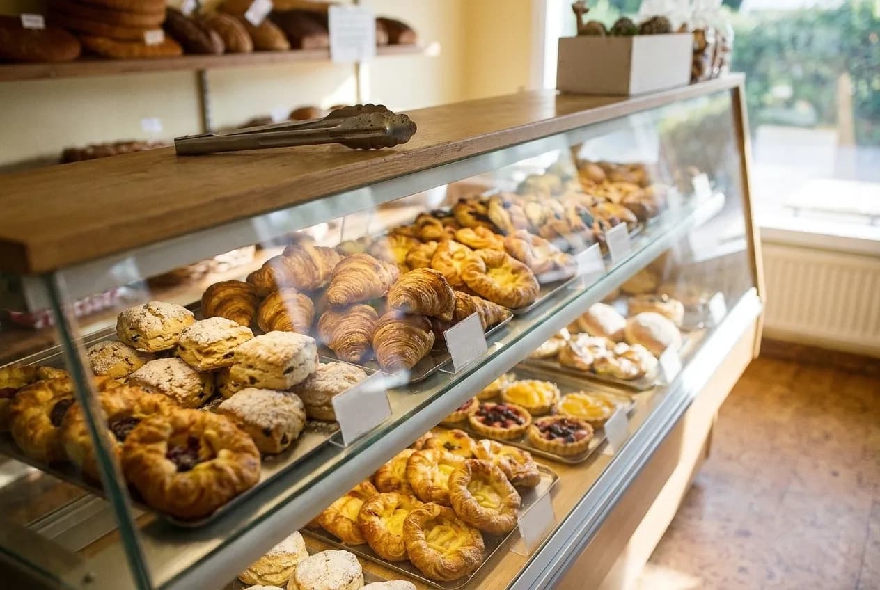 A glass bakery case in morning light filled with trays of pastries, a metal tong resting on the counter edge above