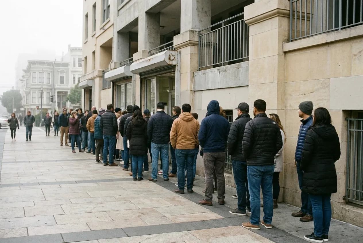 A line of people waiting along a pavement outside a narrow shopfront under grey daylight, the queue turning the corner at the far end